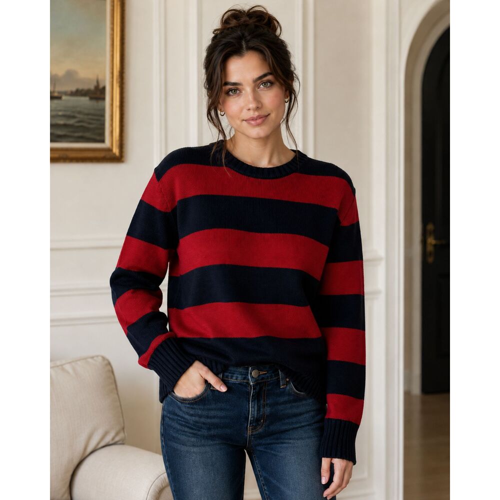 Brandy Melville Brianna Oversized Red Navy Blue Striped Crewneck Sweater OS